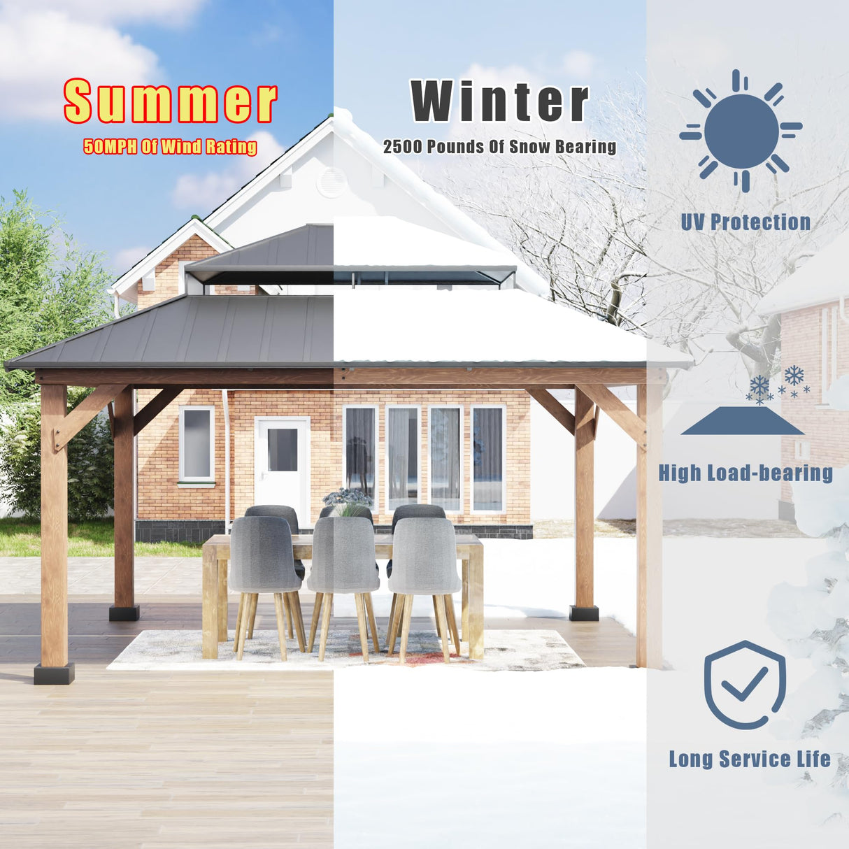 Joyside Wood Gazebo with Mosquito Netting 13 x 11 ft. Wood Patio Gazebo - Cedar Wood Framed Gazebo with Steel Frame Gable Roof Hardtop Gazebo for Joyside