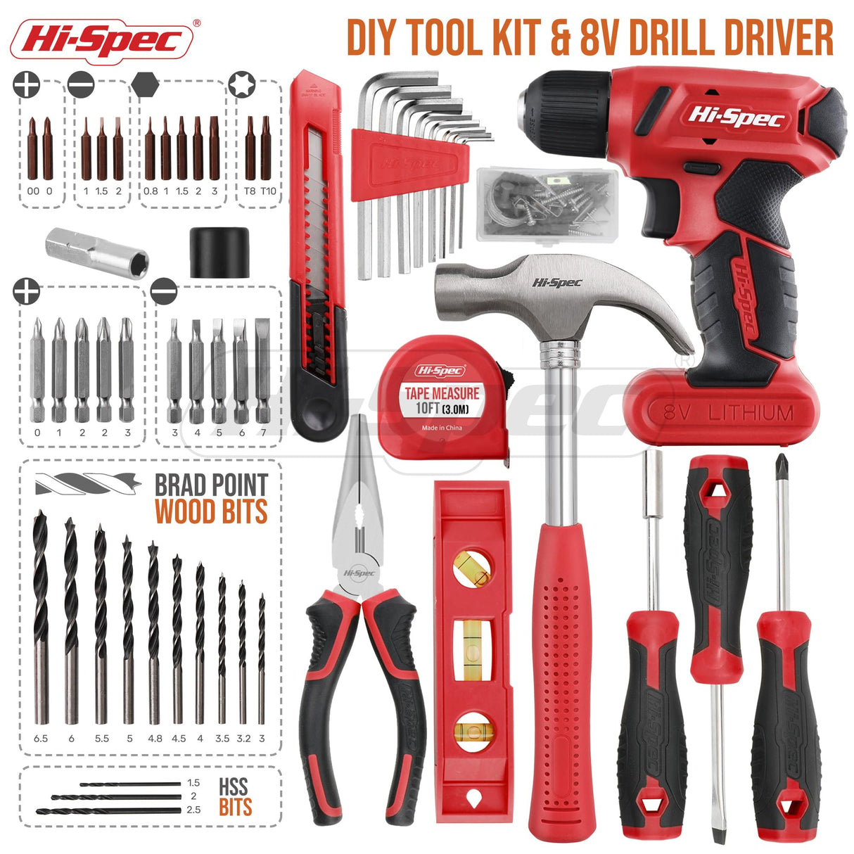 Hi-Spec 58pc Red 8V Electric Drill Driver & Household Tool Kit Set. A DIY Cordless Power Screwdriver Hi-Spec