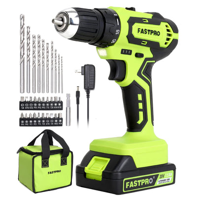 FASTPRO 20V Max Cordless Drill set, 3/8 in. Power Drill Driver kit with One 1.5 Ah Lithium-ion Batteries, Charger and Tool Bag, Green
