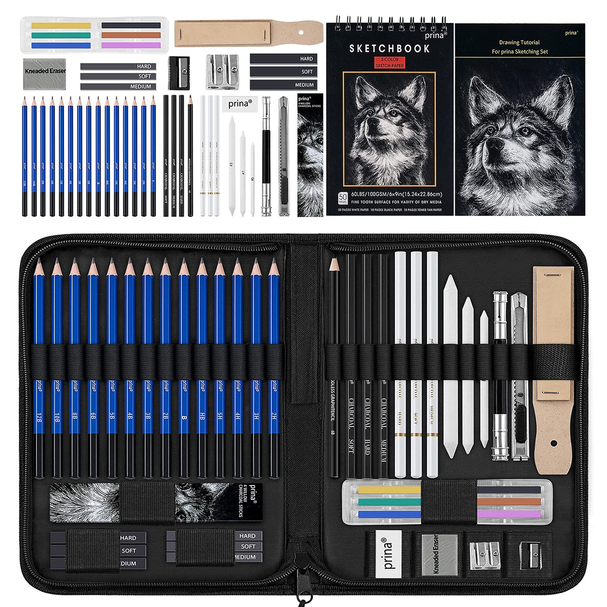 Prina 50 Pack Drawing Set Sketch Kit, Pro Art Sketching Supplies with 3-Color Sketchbook, Graphite, and Charcoal Pencils for Artists Adults Teens PRINA