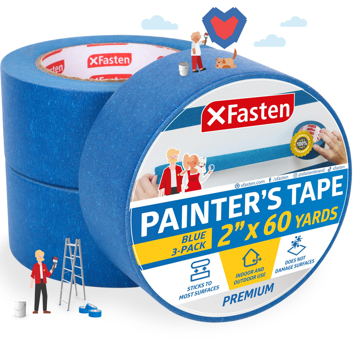 XFasten Professional Blue Painters Tape 2 Inch x 60 Yards (3-Pack) Bulk Blue Masking Tape for Painting Walls | Residue-Free XFasten