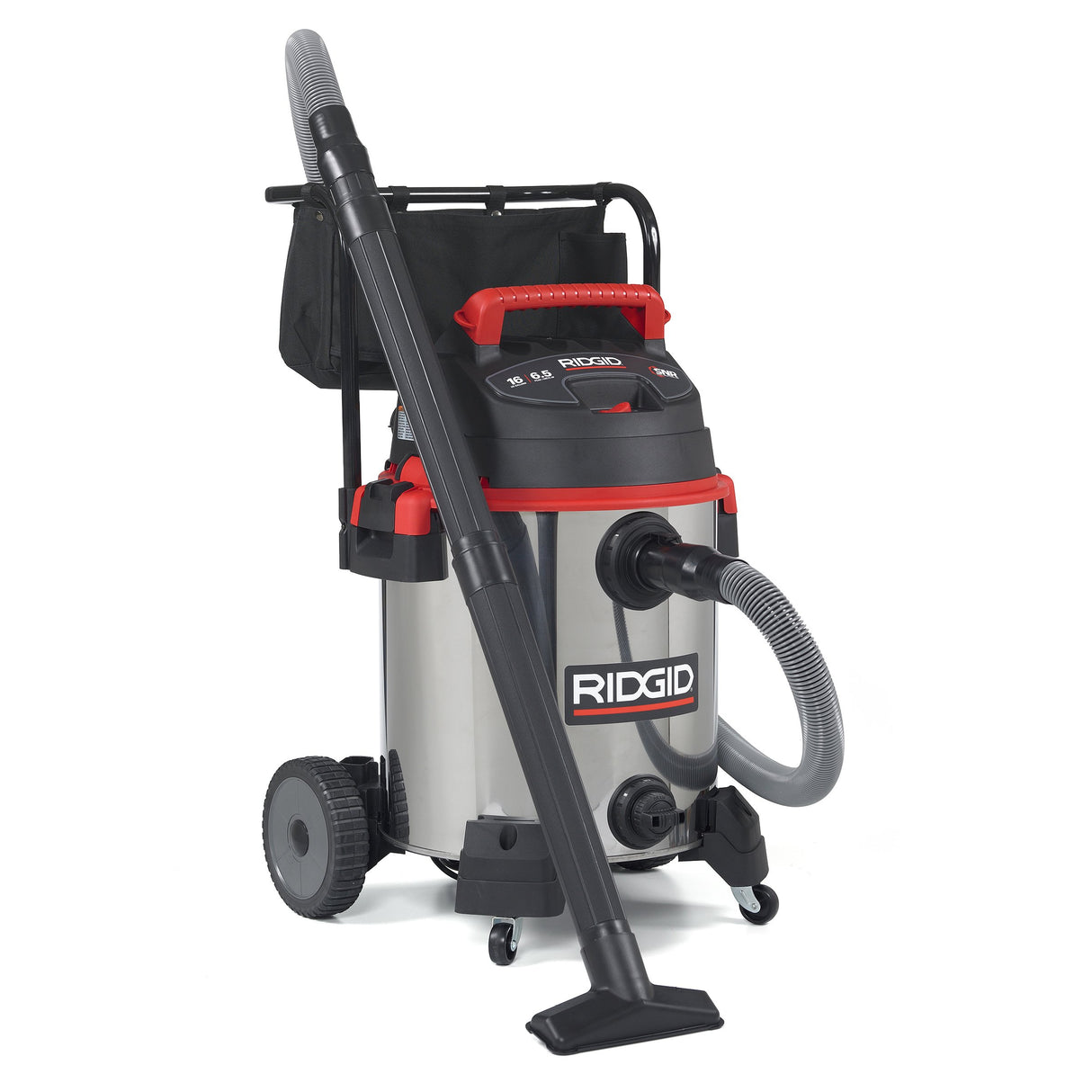 RIDGID 50353 1610RV Stainless Steel 16-Gal. Wet Dry Shop Vacuum with Cart, 6.5 Peak HP Motor, Large Wheels, Pro Hose, Drain, and Blower Port, Red RIDGID