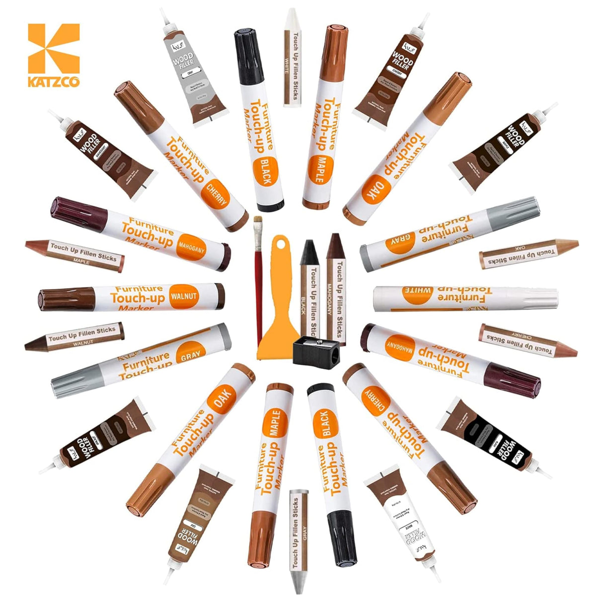 Katzco Furniture Repair Kit Wood Markers - Set of 34 - Markers and Wax Sticks with Sharpener - for Stains, Scratches, Floors, Tables, Desks, Katzco