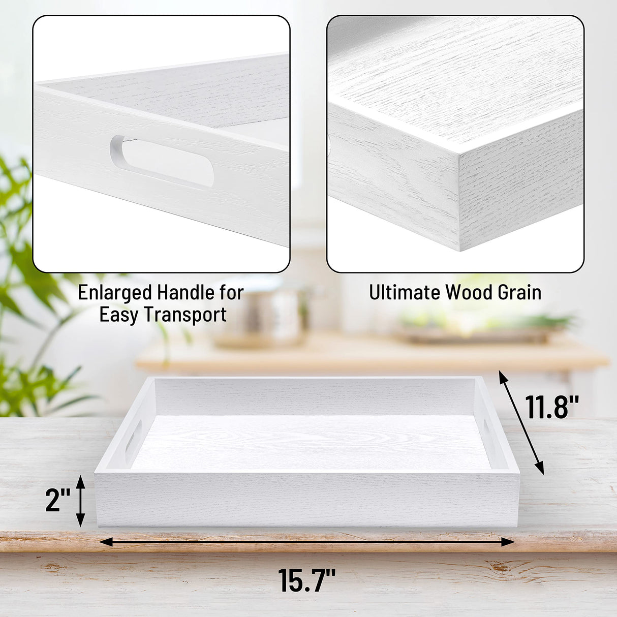 ATZYmolin Wood Serving Tray with Handles, Home Decorative Wooden Rectangle Ottoman Decor Platter Vanity Tray for Breakfast Dinner Drinks Kitchen ATZYmolin