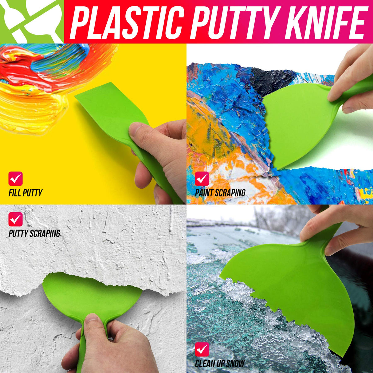BANGBANGSING 4 Pack Putty Knife, Large Size Pack, Flexible Plastic Paint Scraper Tool for Spackling, Wallpaper Scraper Plastic, Spatula Scraper, BANGBANGSING