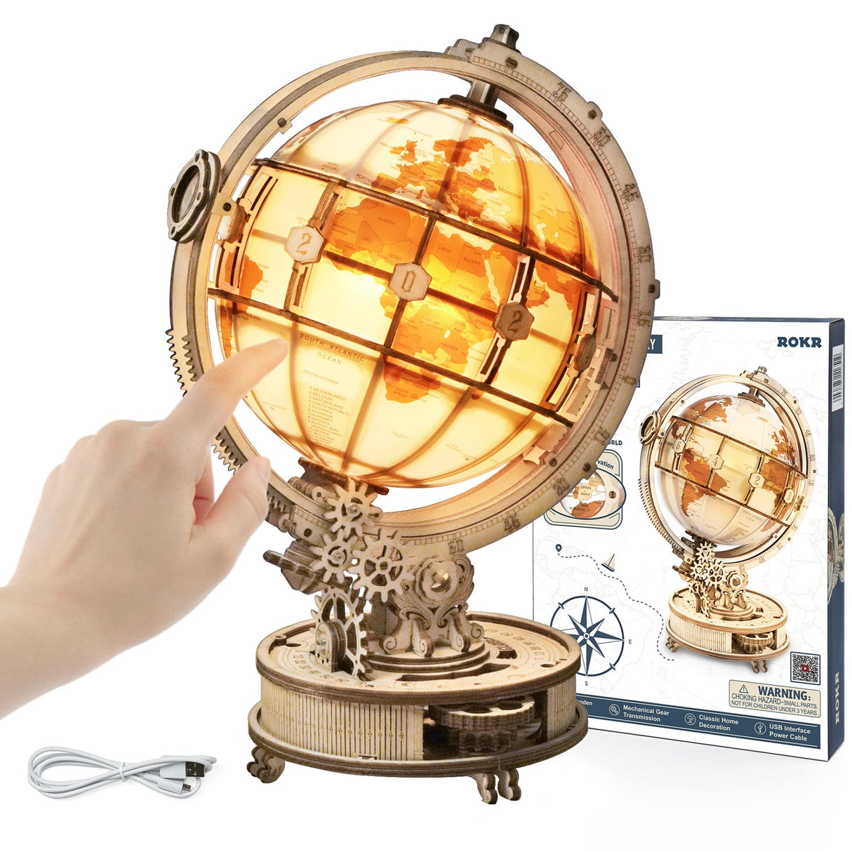 ROKR LED Illuminated 3D Wooden Globe Puzzle - Model Building Kit for Adults and Teens ROKR