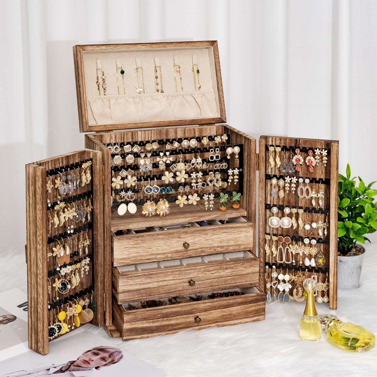 Poyilooo Jewelry Box Organizer, Large Jewelry Boxes for Women, Great Storage Earring Organizer Display for Necklace Earring Ring Bracelet, Rustic Poyilooo