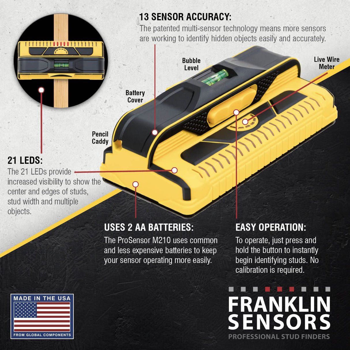 Franklin Sensors ProSensor M210 Professional Stud Finder with 13-Sensors for The Highest Accuracy Detects Wood & Metal Studs with Incredible Speed, Franklin Sensors Professional Stud Finders