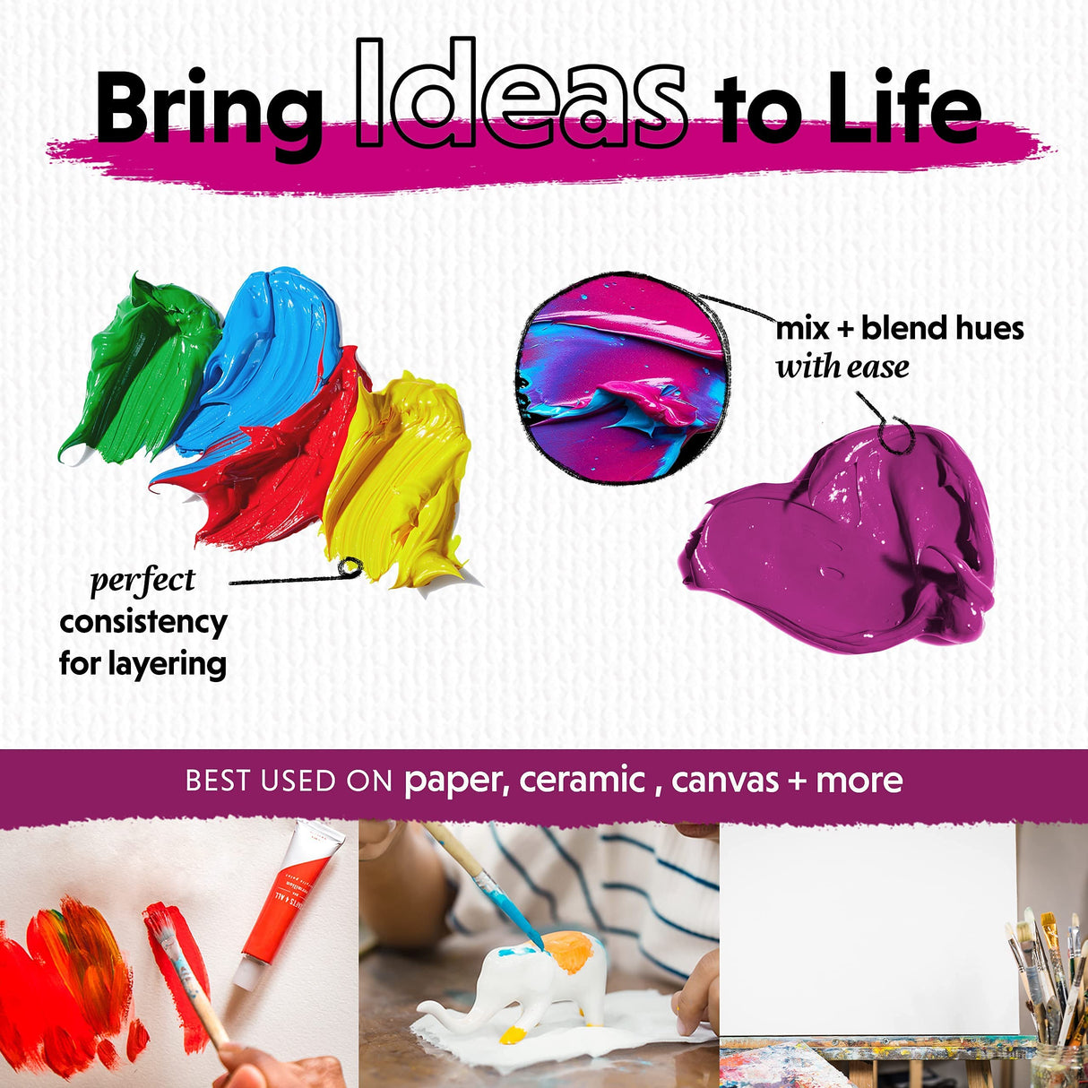 Acrylic Paint Set for Adults and Kids - 24 Pack of 12mL Paints with 3 Art Brushes, Non-Toxic Craft Paint, Halloween Pumpkin Painting Kit - Canvas, Crafts 4 All