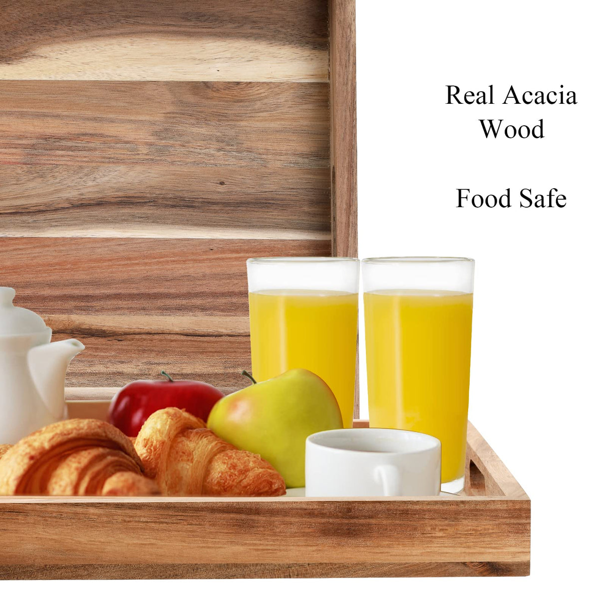 YOUEON Set of 2 Acacia Wood Serving Tray with Handles, 17x11.8x1.5 Inch Decorative Serving Trays, Ottoman Tray, Coffee Table Tray, Rectangle Wood Youeon