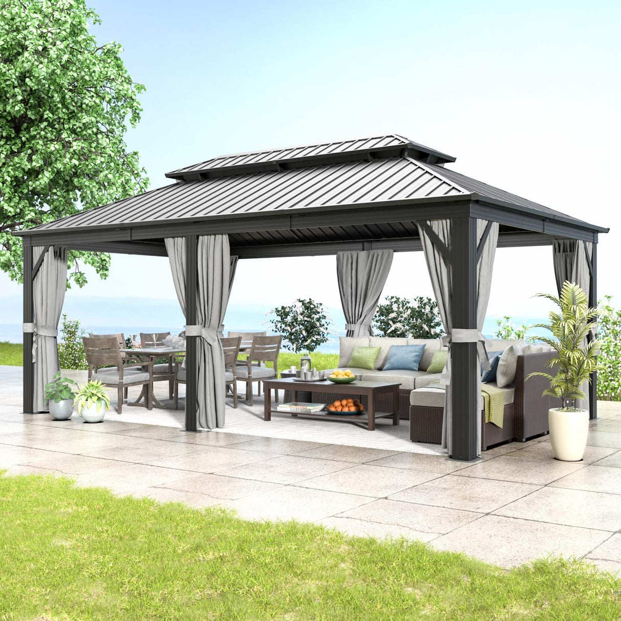 Aoxun 12' X 20' Hardtop Gazebo, Galvanized Steel Double Top, Aluminum Metal Gazebo with Curtains and Netting, Permanent Gazebo Pavilion for Wedding, Aoxun
