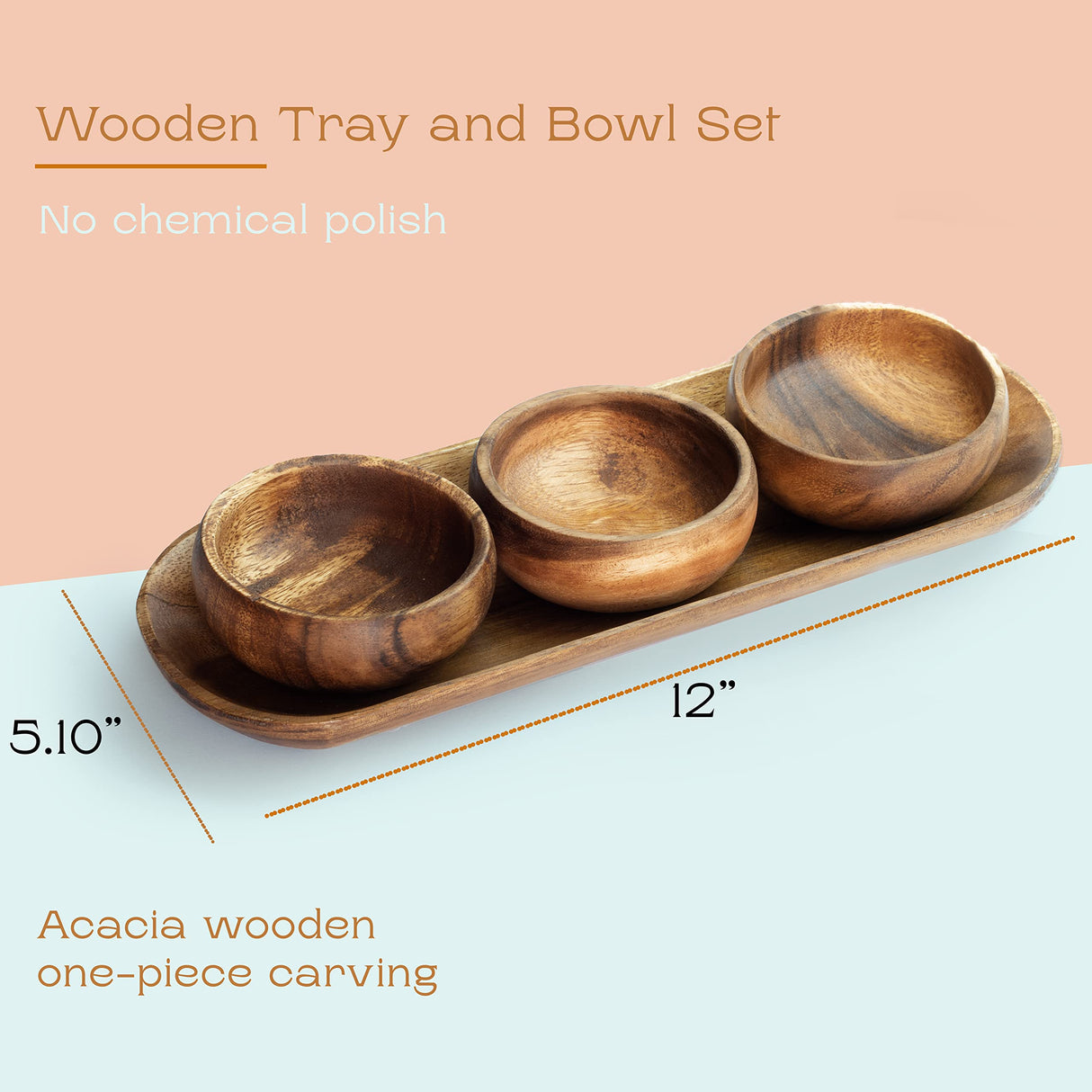 cintika Hand-Carved Set of 4 Acacia Calabash Bowls with Baguette Tray. Durable Wooden Bowl Set. Snack, nut, dip bowl. - Wooden Dinnerware set. 4" cintika