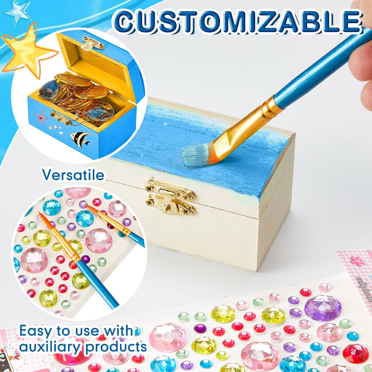 Leinuosen 15 Pcs Small Wooden Boxes with Hinged Lids 3.5 x 2.2 x 1.9 Inch Unfinished Wooden Treasure Chest Box 10 Pcs Paint Brushes with 2 Sheets Leinuosen