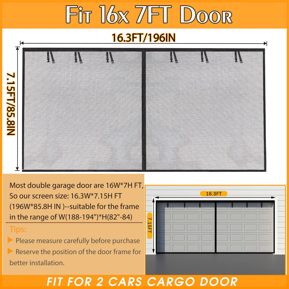 Garage Screen Doors for 2 Car Garage-16x7FT Fiberglass 2300g/5.1lb Durable Heavy Duty Magnetic Garage Door Screen Hands Free with 6 Roll Up Starps Elytsemoh