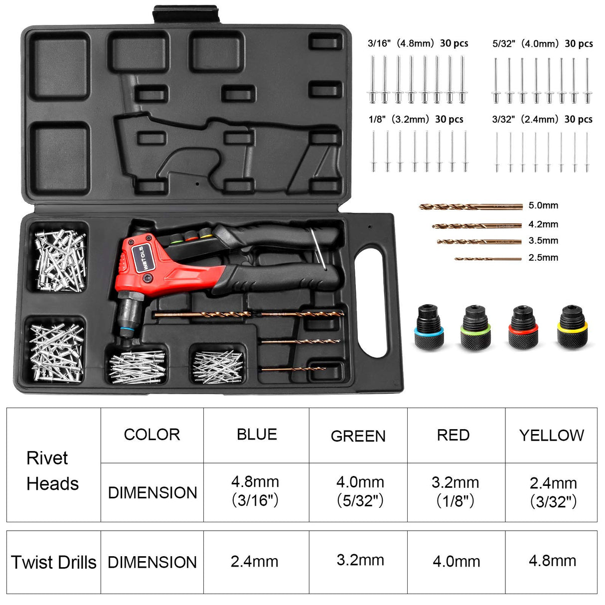 WETOLS Rivet Gun Kit with 120 Pcs Rivets, Manual Rivet Gun with 4 Interchangeable Rivet Heads and 4 Twist Drills, Pop Rivet Gun Kit with Blow Molded WETOLS