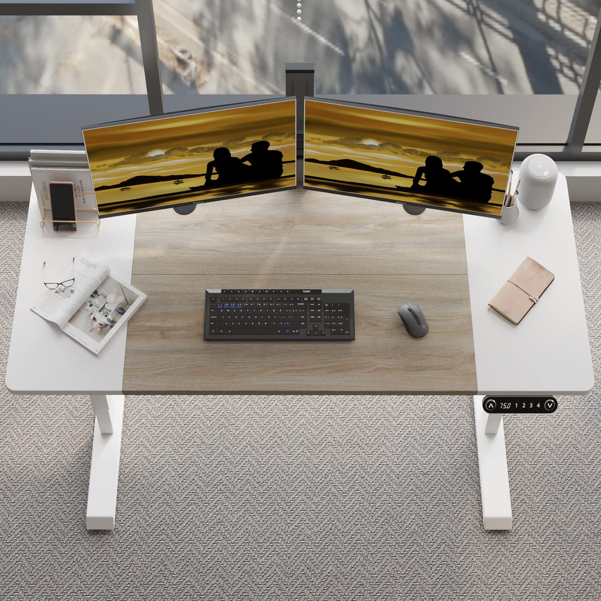 Jceet Adjustable Height Electric Standing Desk - 55 x 24 Inch Sit Stand Computer Desk, Stand Up Desk Table for Home Office, White Frame/White + Oak Jceet