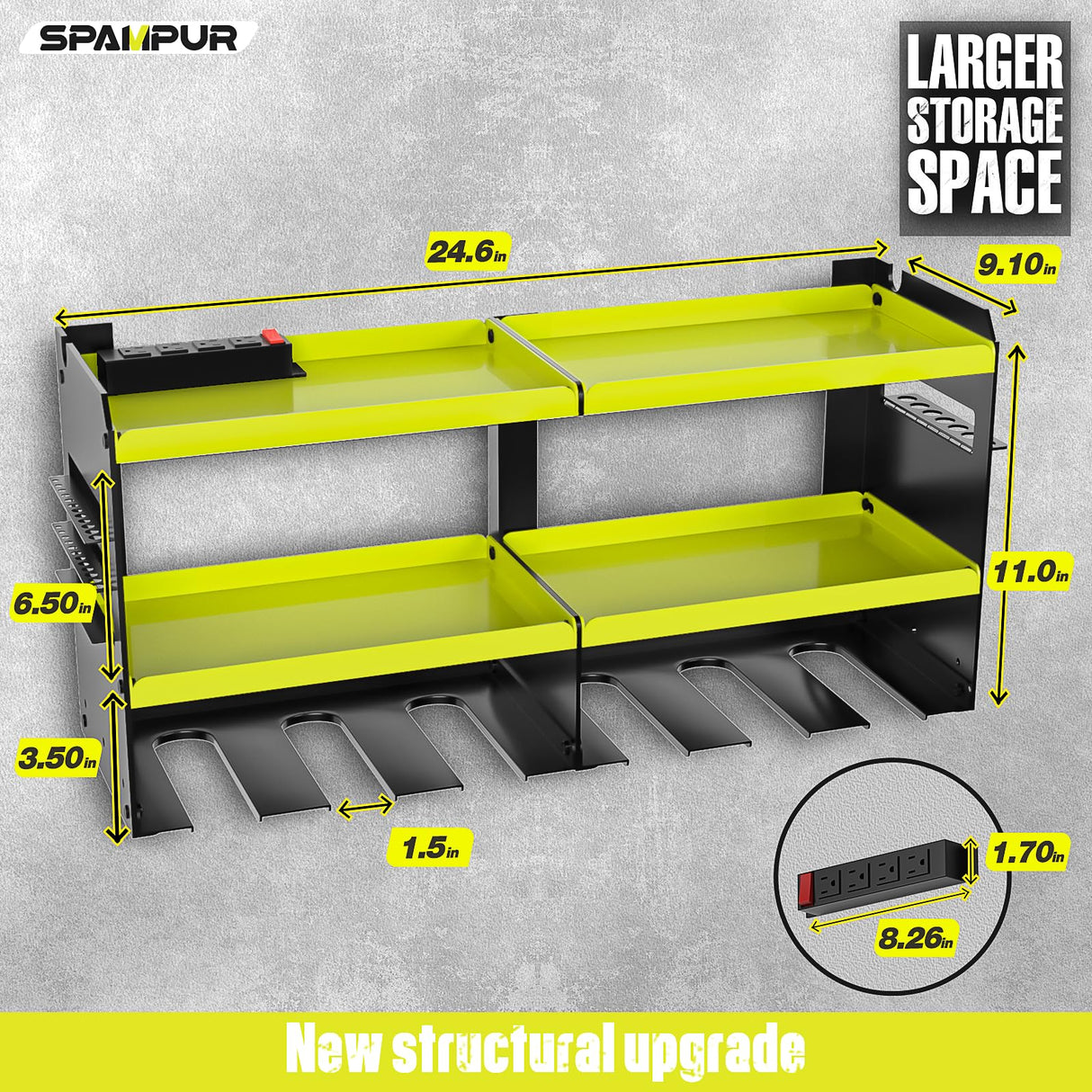 Spampur Power Tool Organizer Wall Mount with Charging Station, Tool Shelf 6 Drill Holders, Heavy Duty Metal Premium Garage Utility Rack, Cordless Spampur