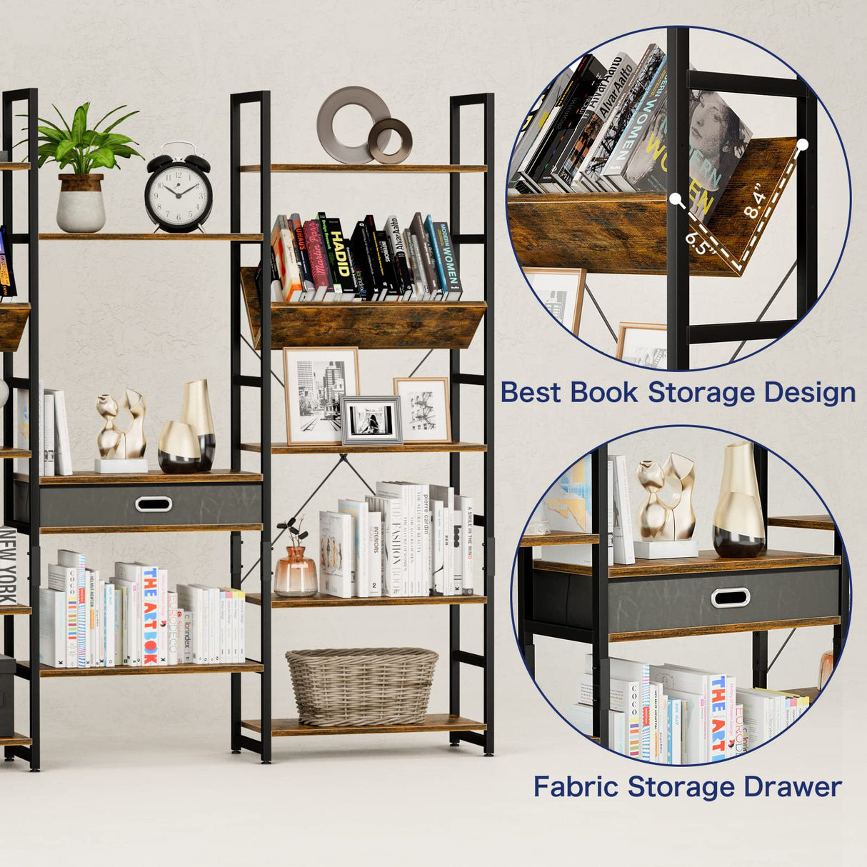 NUMENN Adjustable 5-Tier Triple Wide Rustic Industrial Bookshelf NUMENN