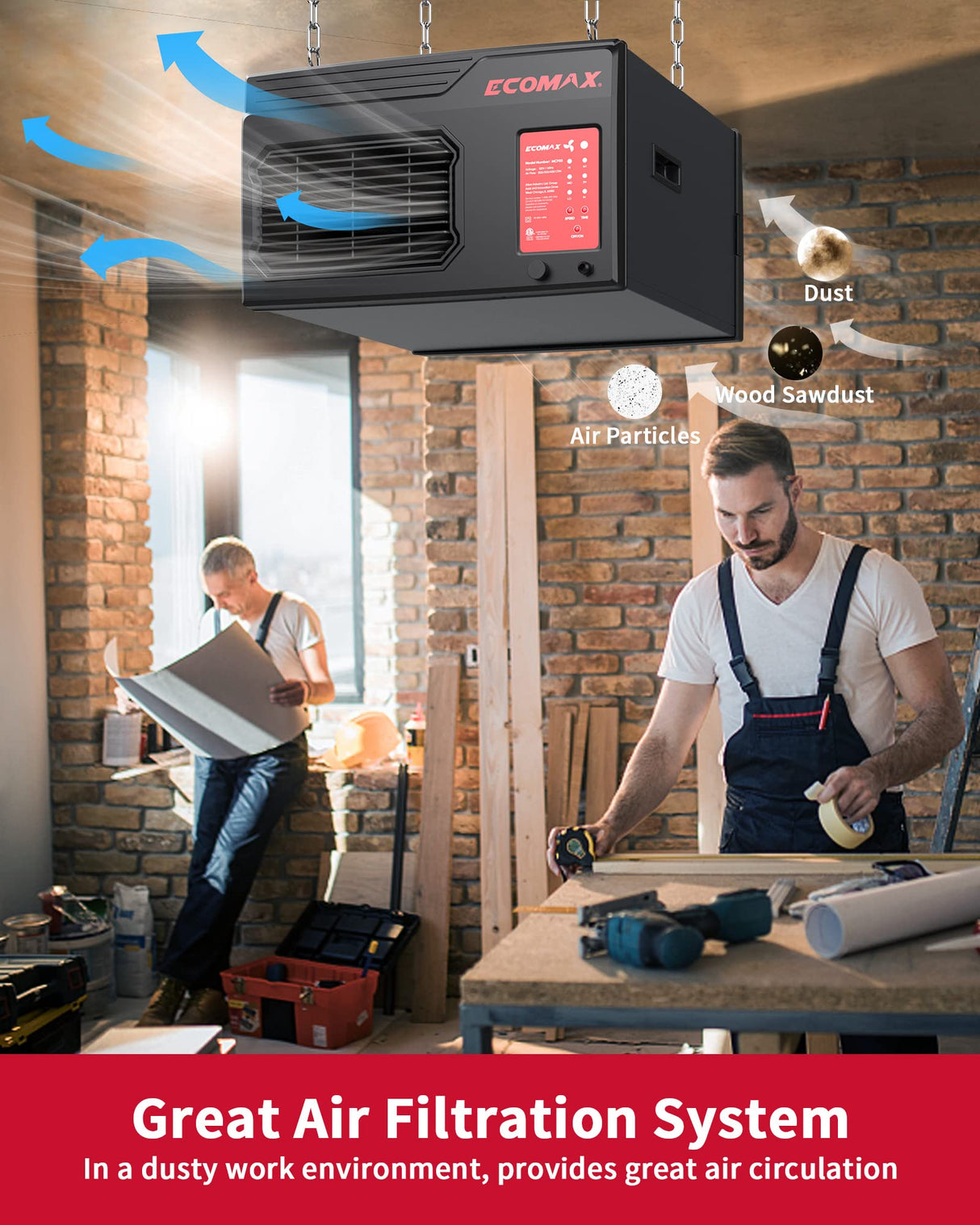 Ecomax MCF03 Air Filtration System, 3-Speed Hanging Ceiling Dust Collectors for Woodworking, Remote Controlled Dust Collection Systems for Shop ECOMAX