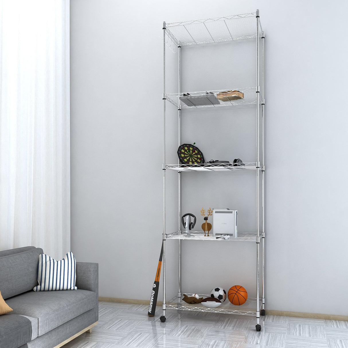 Homdox 5 Tier Steel Wire Shelving Unit on Wheels,Chrome Shelves for Garage Kitchen Living Room,Heavy Duty Shelving Rack, 23.2 x 13.8 x 72 inch (L x W Homdox