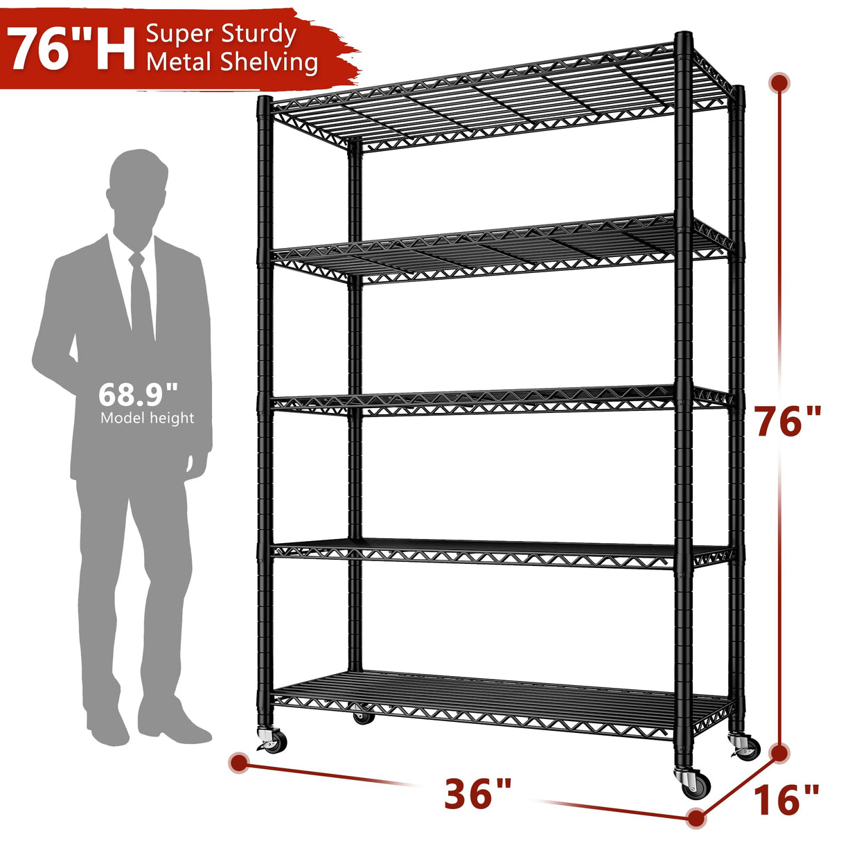 REIBII 76''H Wire Shelving Loads 2100LBS,5 Tier Metal Shelving with Adjustable Storage Shelves 36''W Garage Shelving Heavy Duty with Wheels Metal REIBII