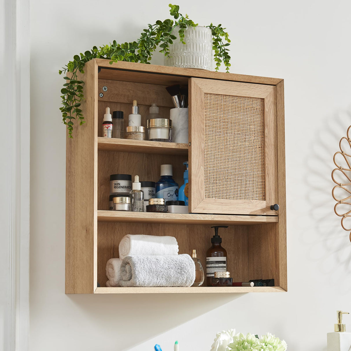 OKD Natural Rattan Bathroom Wall Cabinet, Modern Boho Medicine Cabinet with Sliding Door & Adjustable Shelves, Storage Cabinet Wall Mounted for OKD