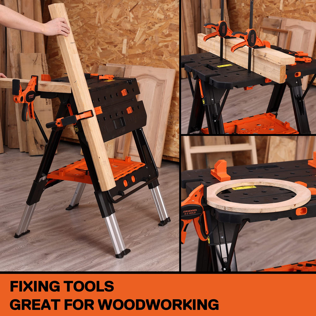 Pony Portable Folding Work Table, 2-in-1 as Sawhorse & Workbench, Load Capacity 1000 lbs-Sawhorse & 500 lbs-Workbench, 31” W×25” D×25”-32”H, with Jorgensen
