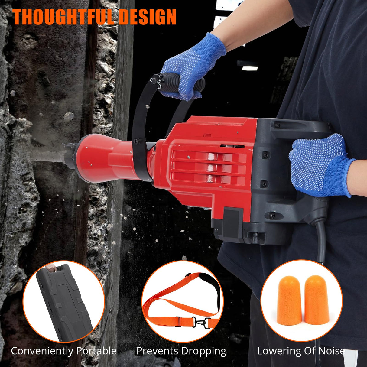 3600W Demolition Jack Hammer, Jack Hammer Concrete Breaker Tool Kit, 6pcs Chisels Bit Set W/Case, Noise-Canceling Earplug, Shoulder Strap Aprafie