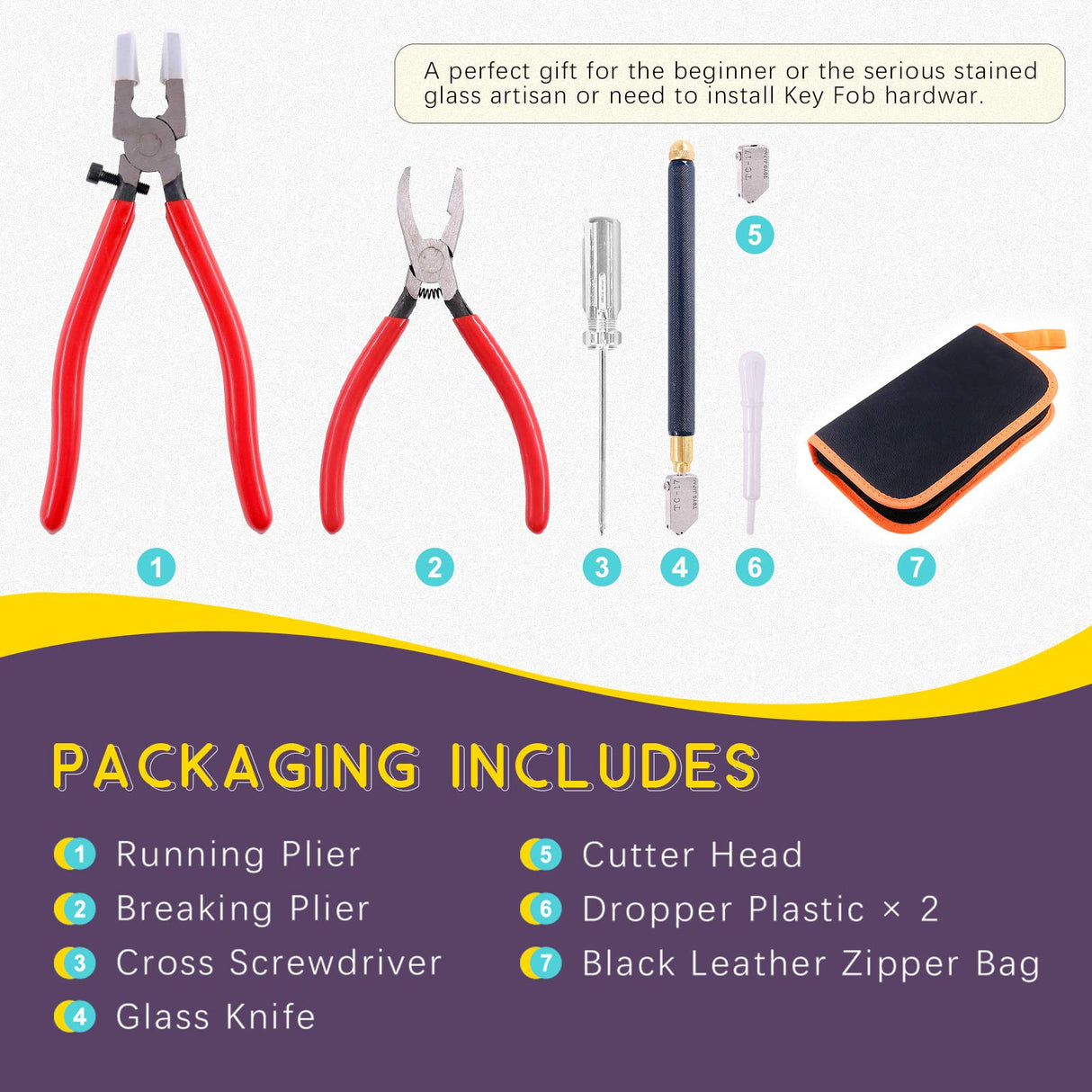 Swpeet 9Pcs Glass Cutter Tool Kit, Breaker Grozer Pliers and Curve Jaw Glass Running Pliers Kit with Rubber Tips, Pencil Oil Feed Carbide Tip Glass Swpeet