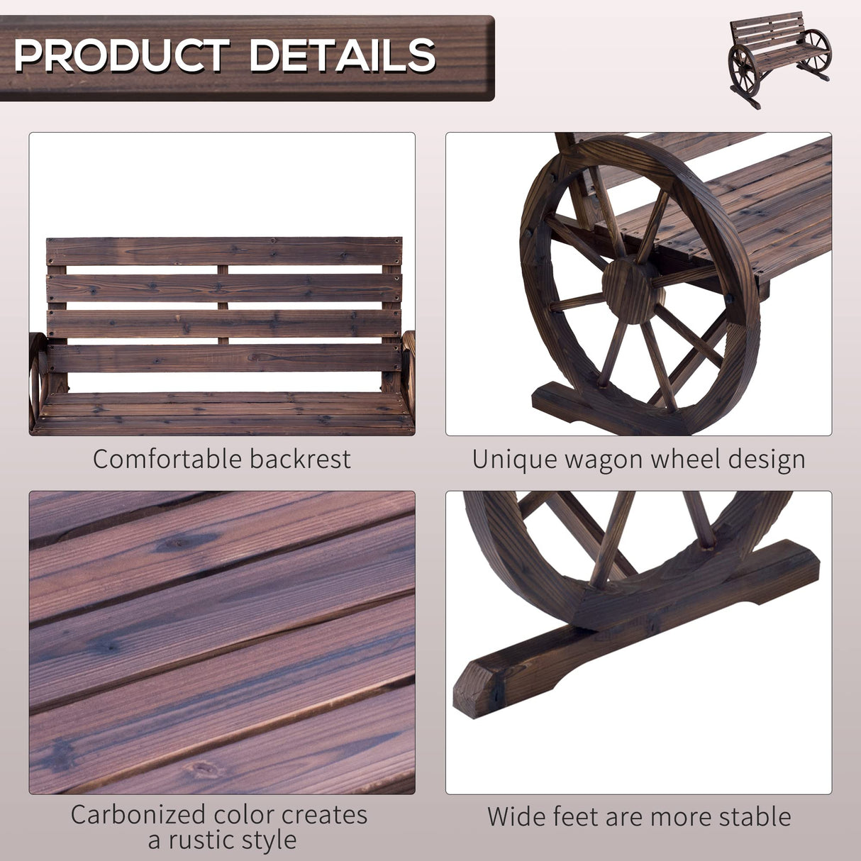 Outsunny Rustic Wagon Wheel Armrest Bench for Outdoor Patio - Brown 2-Person Seating Outsunny