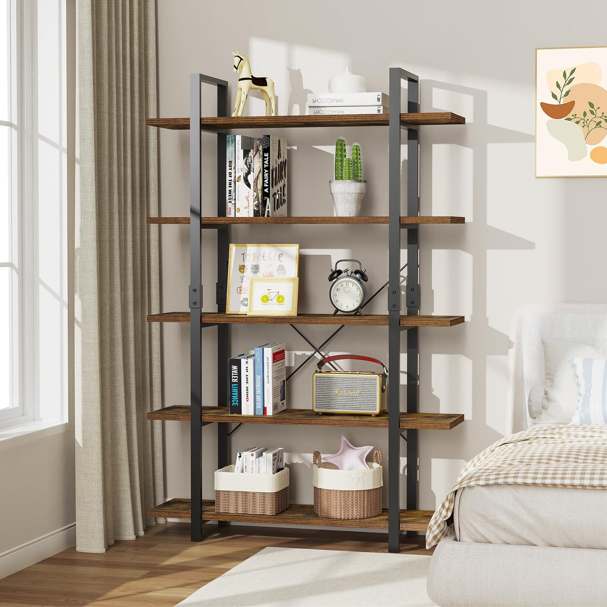 FRAPOW 70-Inch Rustic Brown 5-Tier Industrial Bookshelf with Metal Frame FRAPOW