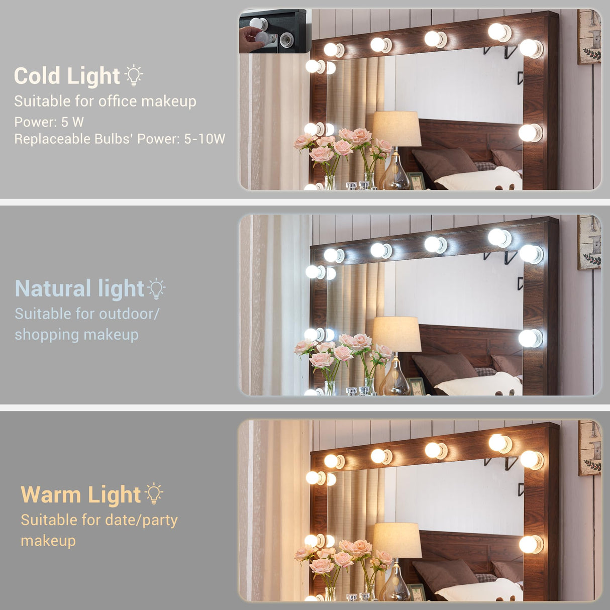 JXQTLINGMU Farmhouse Makeup Vanity Desk with Mirror and Lights, 43'' Glass Tabletop Vanity Table with 3 Drawers & Shelves, Rustic Large Vanity Set JXQTLINGMU