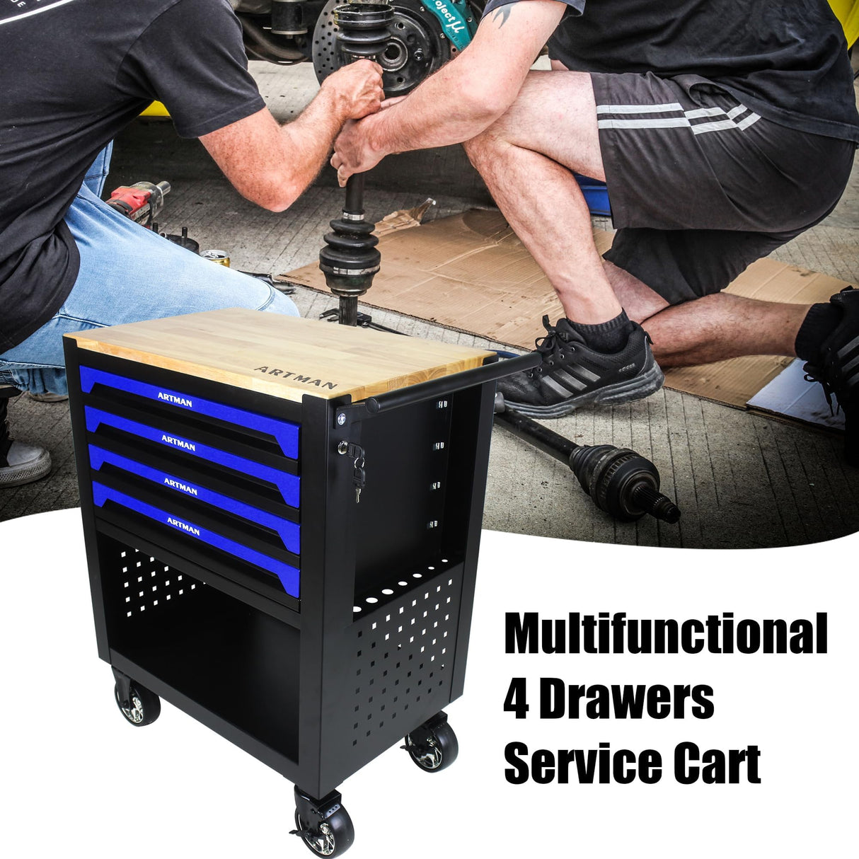 Campfun Rolling Tool Cart 4 Drawers Tool Box with Wheels, Wooden Top Tool Boxes, Mechanic Tool Cart, Tool Workbench with Drawers, Tool Storage Campfun