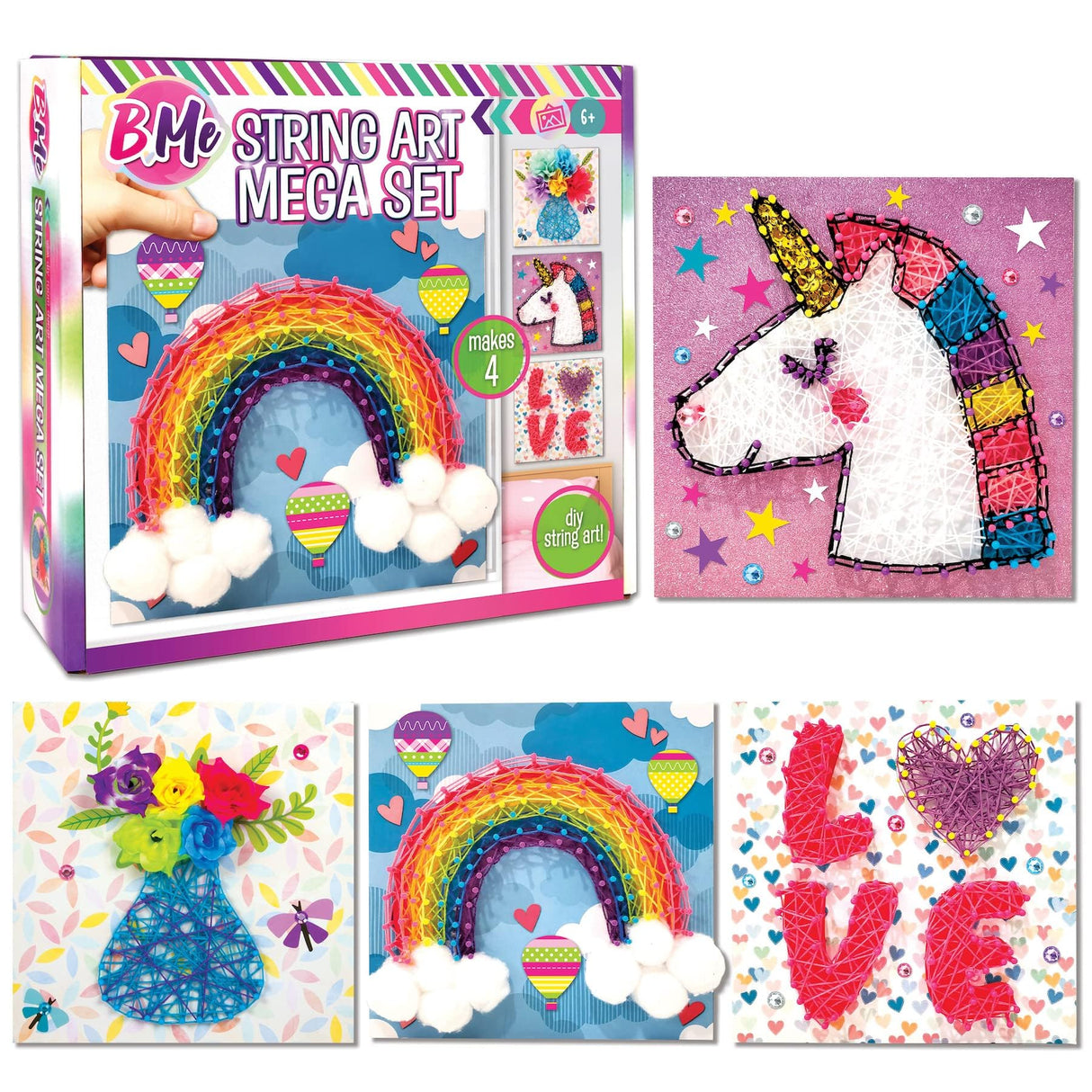 String Art Kit Girls Art Set - Flower, Heart, Rainbow, Unicorn Bedroom Decor for Girls8 Designs - 3D String Art 8.5x8.5in Boards - DIY Arts Crafts Creative Kids