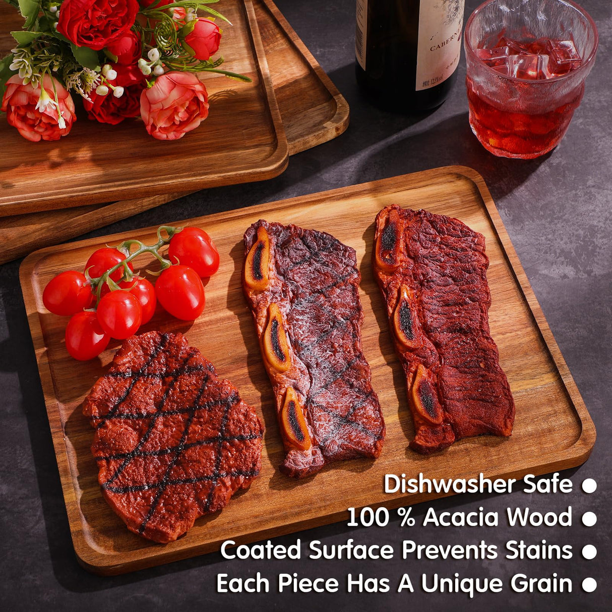 5 Pack Solid Acacia Wood Serving Trays, Rectangular Wooden Serving Board for Food Appetizer Serving Tray Plates for Vegetables Fruit Charcuterie Roowest