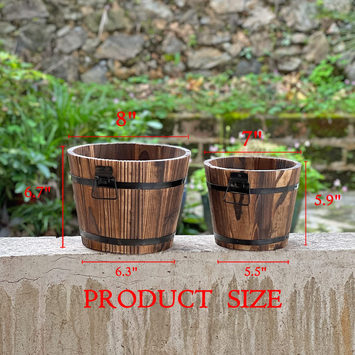 Small Wooden Bucket Barrel Planters – 6.3’’+5.3'' Rustic Flower Planters Pots Boxes Container with Drainage Holes for Indoor Home Decor Small Plants, HappyDecor