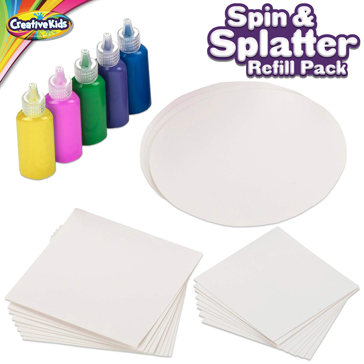 Creative Kids Spin & Paint Refill Pack - 8 x Large Cards - 8 x Small Cards - 4 x Round Cards - 5 Bottles of Colored Paint Creative Kids