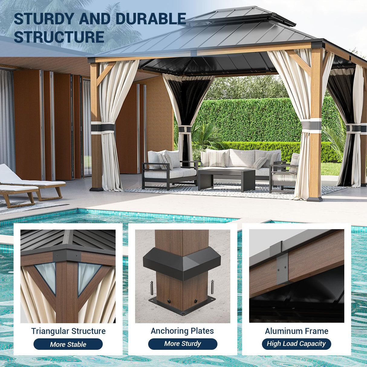 UDPATIO 10' x 12' Hardtop Gazebo, Wood Grain Finish Aluminum Frame Outdoor Gazebo with Galvanized Steel Double Roof, Metal Gazebo Canopy with Curtain UDPATIO