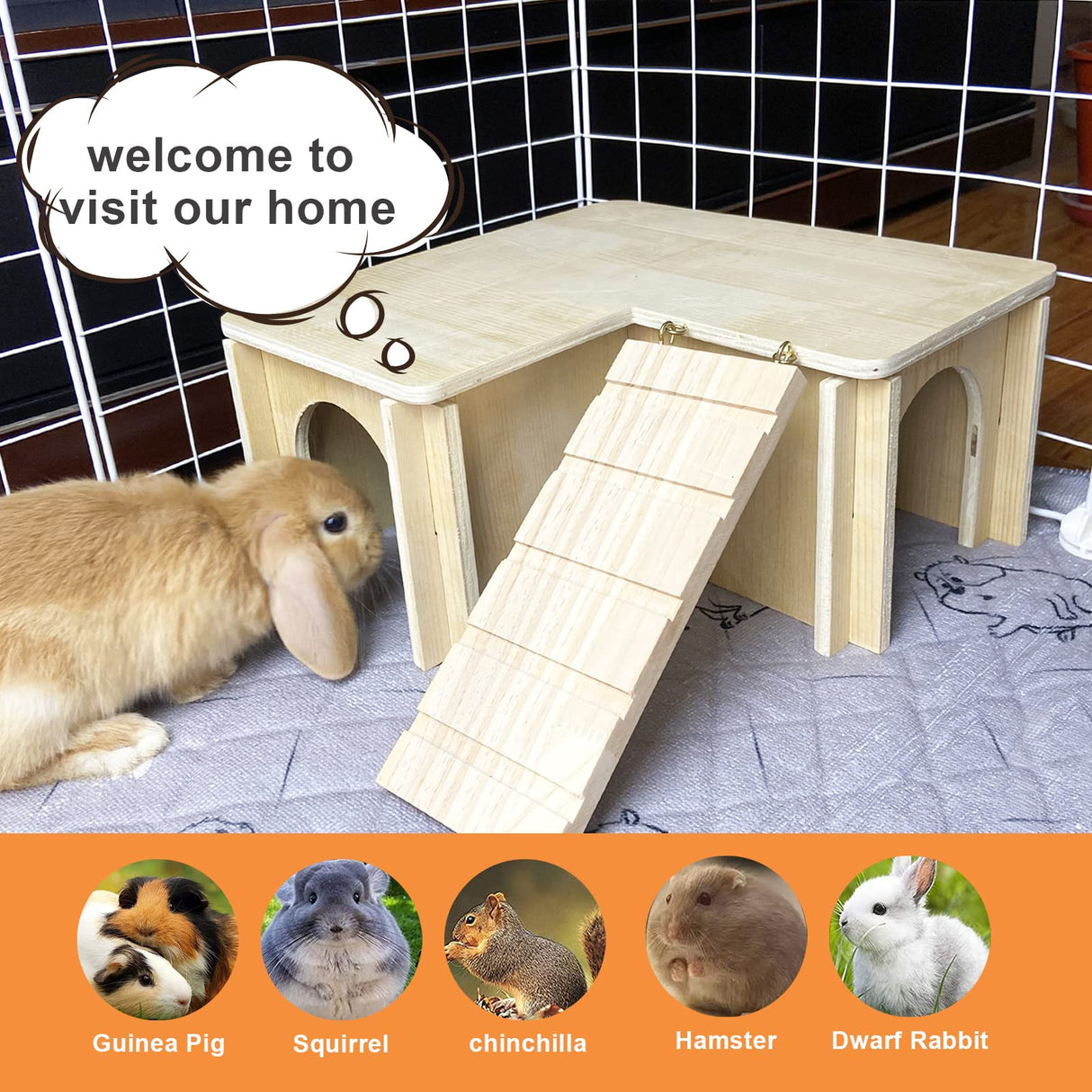 Chngeary Guinea Pig Hideout and House: Multi Chamber Wooden Guinea Pig Castle with Ladder, Cage Accessories for Chinchilla Dwarf Rabbits Hamster Chngeary