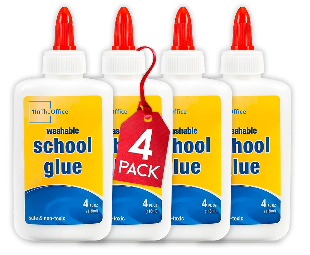 1InTheOffice White Glue Bottles, Washable School Glue White, No-Run 4 oz. 4/Pack 1InTheOffice