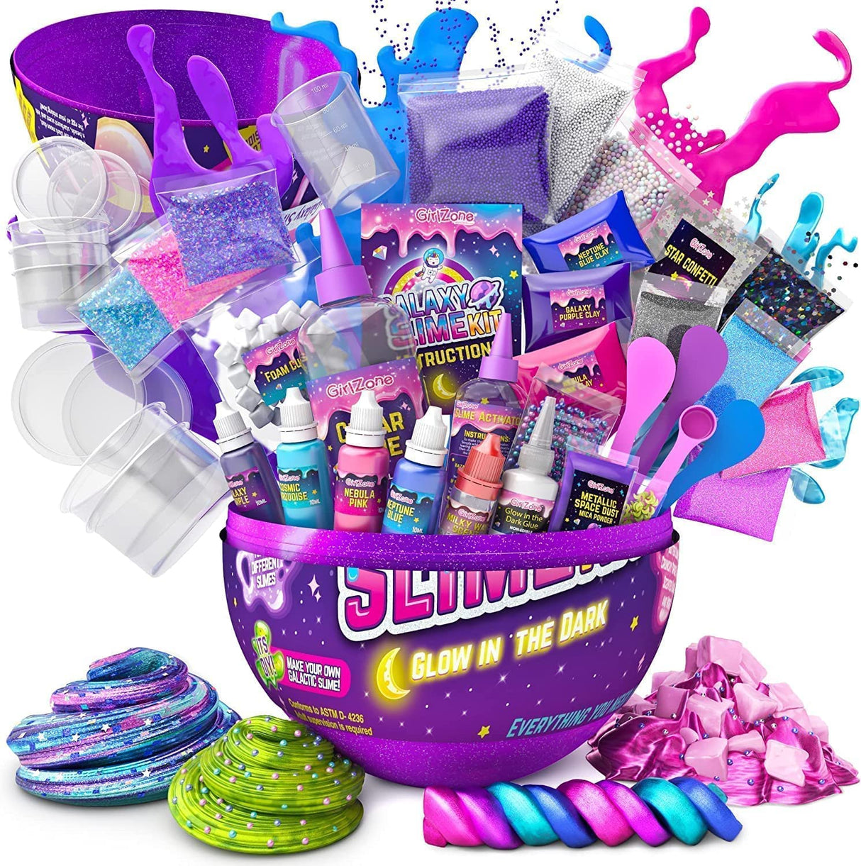 GirlZone Egg Surprise Galaxy Slime Kit for Girls, 41 Pieces to Make Glow in The Dark Slime, Slime with Glitter Add Ins, Christmas Gifts for Girls GirlZone