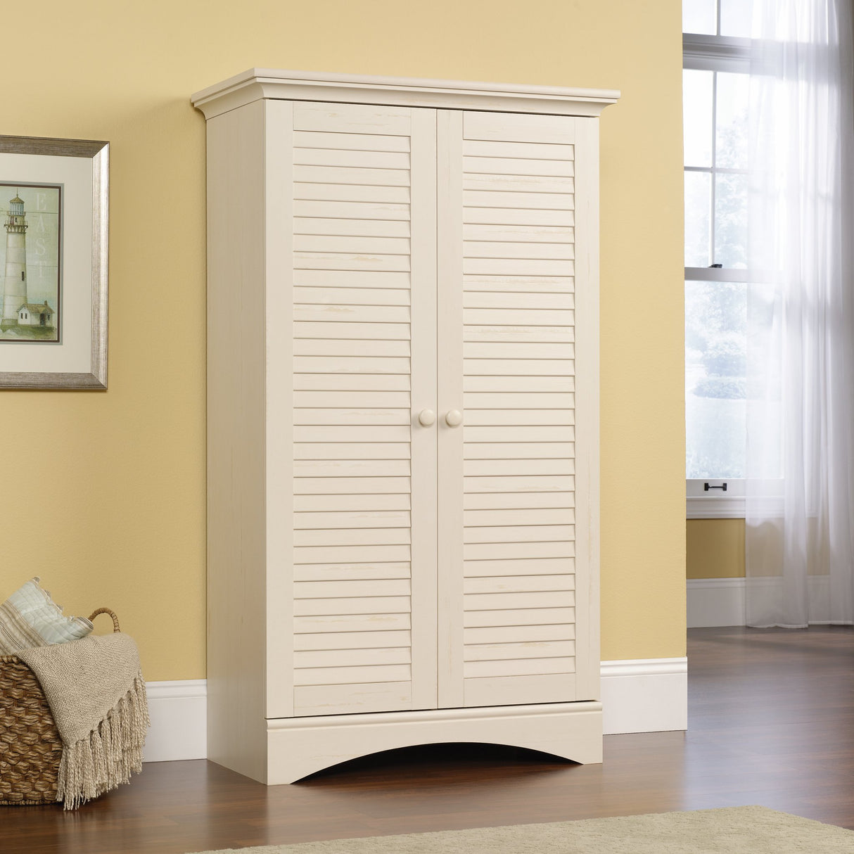 Sauder Harbor View Storage Pantry Cabinet, L: 35.43" x W: 16.73" x H: 61.02", Antiqued White finish Sauder