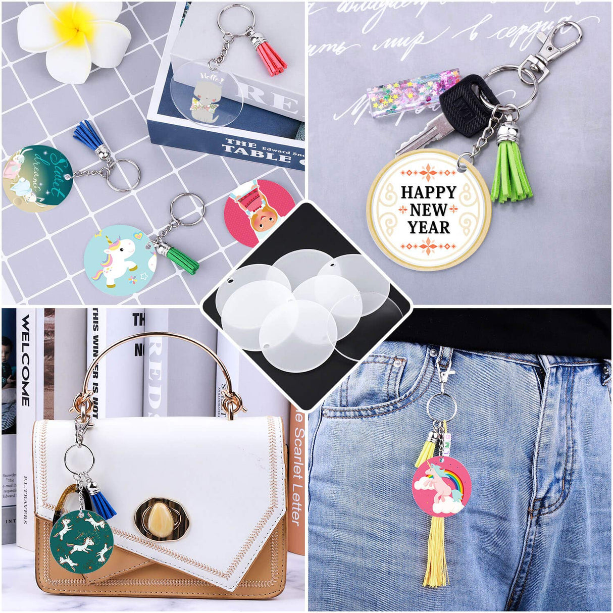 Audab 120pcs Acrylic Keychain Blanks for Vinyl Kit Including 30pcs Clear Acrylic Blanks, 30pcs Keychain Tassels, 30pcs Key Rings and 30pcs Jump Rings Audab