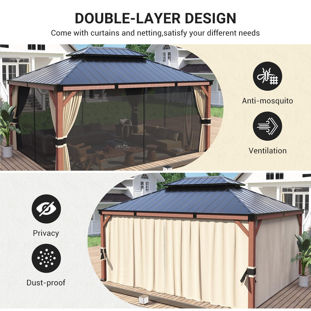 VONZOY Hardtop Gazebo 12x16, Wooden Coated Outdoor Gazebo with Galvanized Steel Double Roof, Aluminum Frame Pavilion, Pergola for Patio Lawn, VONZOY