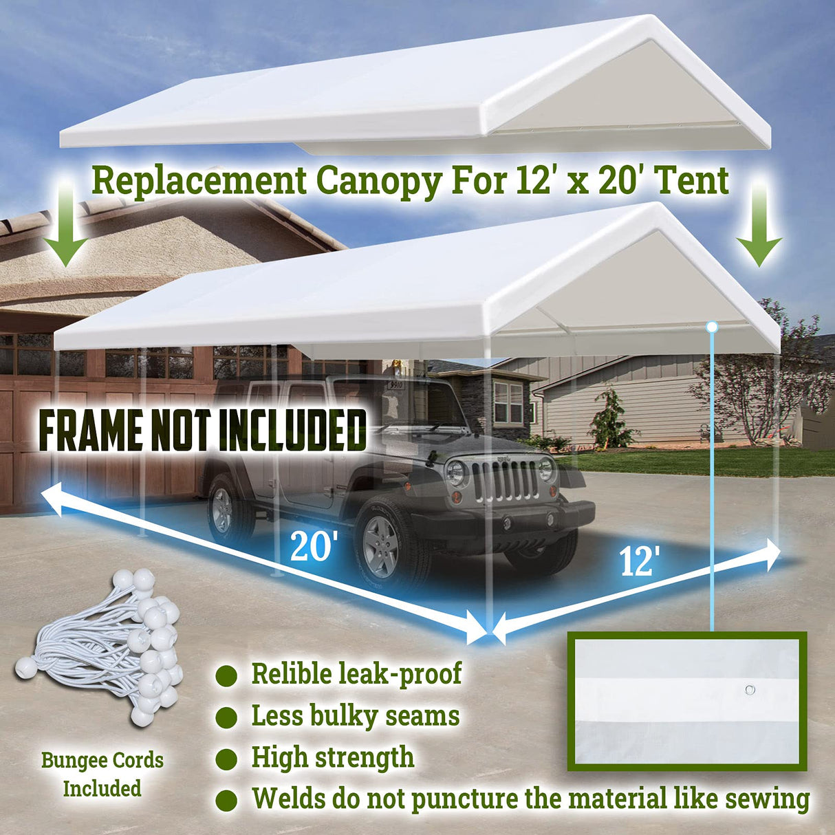 YardGrow 12 x 20 Feet Replacement Top Canopy Roof Cover for Carport Garage Shelter with Bungees, Frame Not Included (White) YardGrow