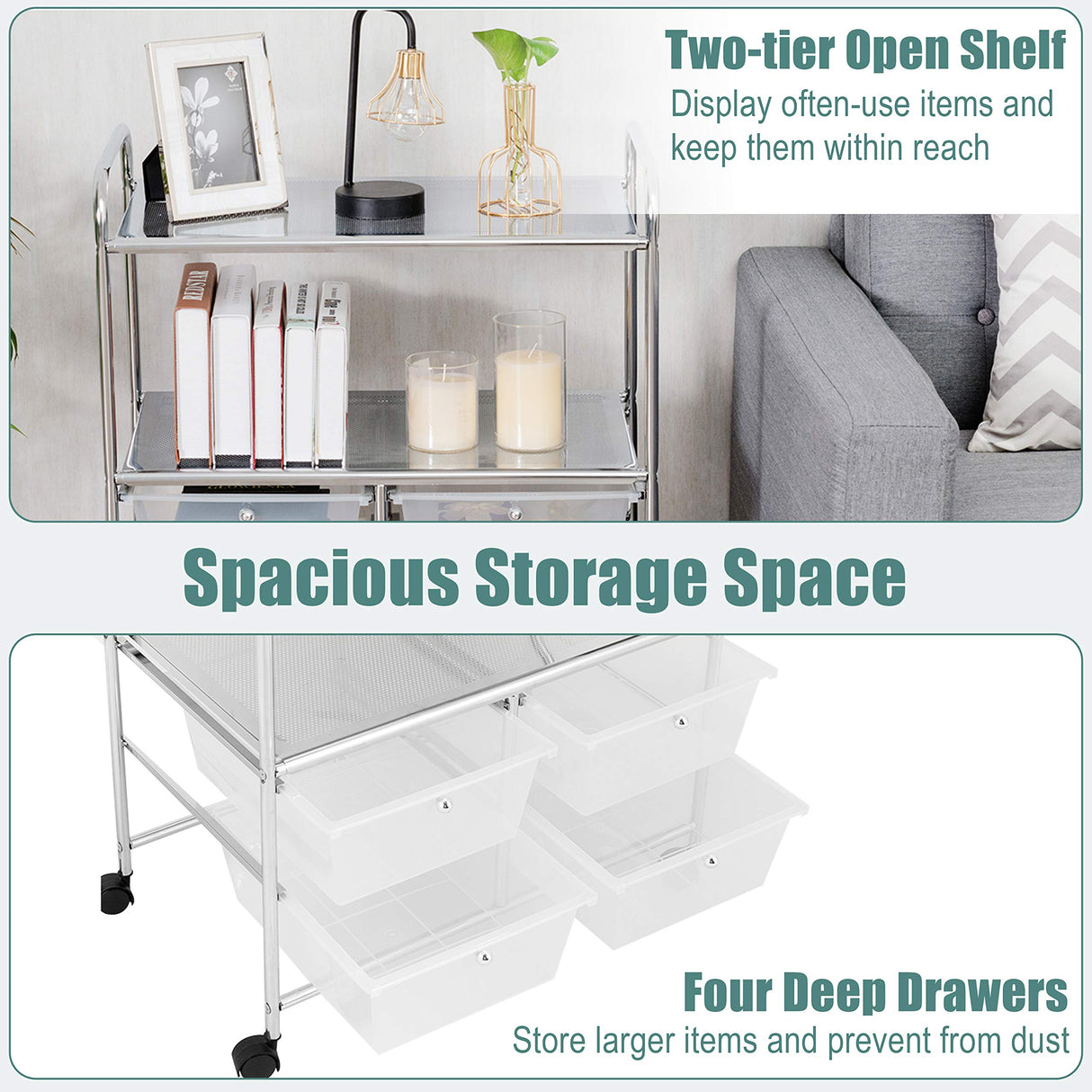 RELAX4LIFE Storage Cart W/Four Drawers, Wheels and Two Shelves, Stable Steel Frame Craft Cart for Office,Home, Make Up Storage and Files Arrangement RELAX4LIFE