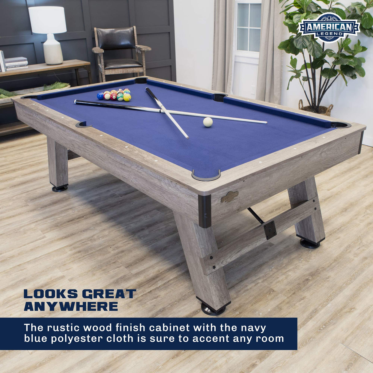 American Legend Brookdale 90” Billiard Table with Rustic Wood Finish and Navy Blue Cloth American Legend