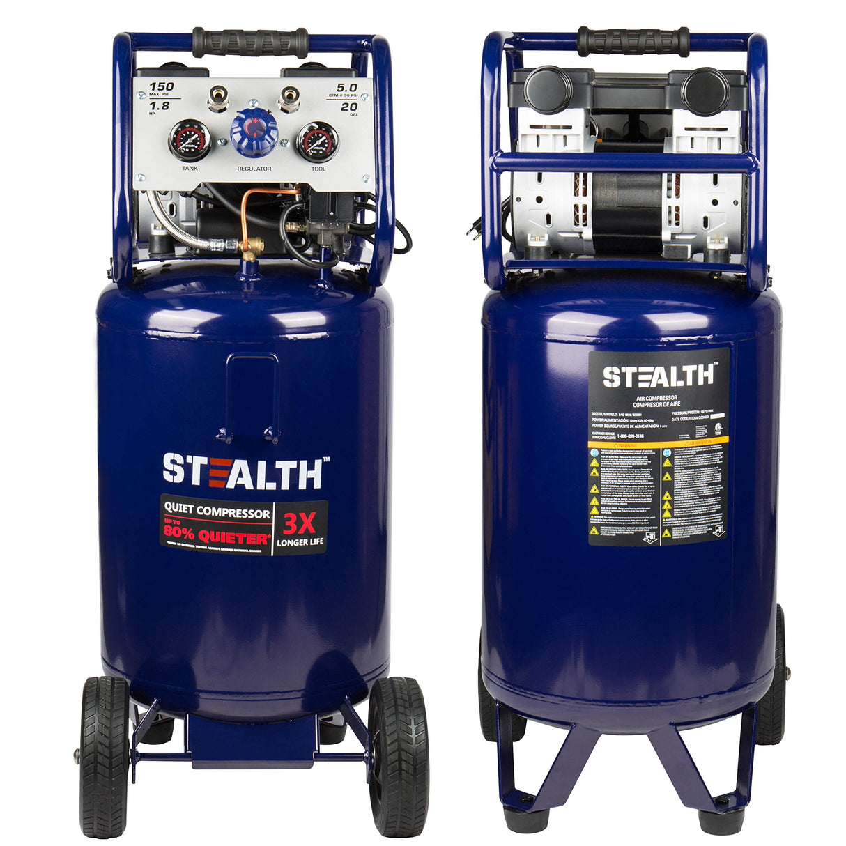 Stealth 20 Gallon Ultra Quiet Air Compressor,1.8 HP Oil-Free Peak 150 PSI 68 Decibel Air Compressor,5.5 CFM @ 40 PSI 5 CFM @ 90 PSI Silent Portable Stealth