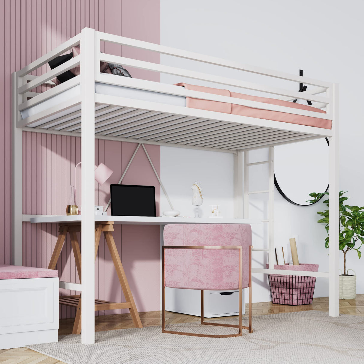 SHA CERLIN Heavy Duty Twin Loft Bed Frame with Removable Stairs and Full-Length Guardrail SHA CERLIN