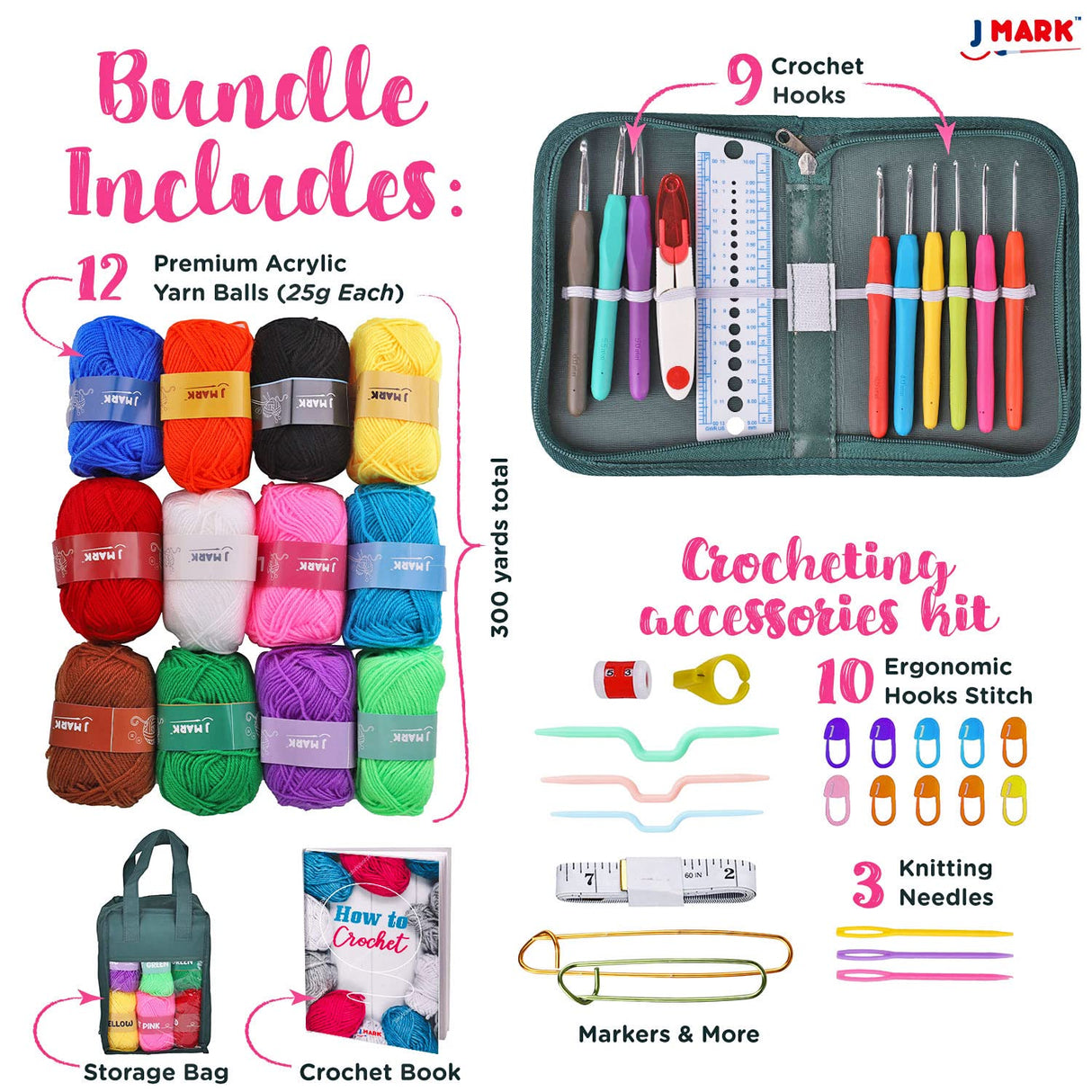 J MARK Acrylic Crochet Kit for Beginners – Premium Crochet Starter Kit for Adults Bundle J MARK